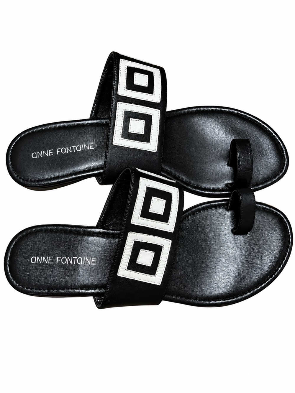 Anne Fontaine Black White Geometric Leather Toe Ring Slide Sandals US 10-10.5